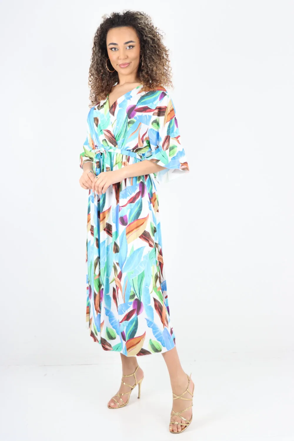 Italian Printed Elasticated Waist Tie Multi Leaf Wrap over V Neck Maxi Dress