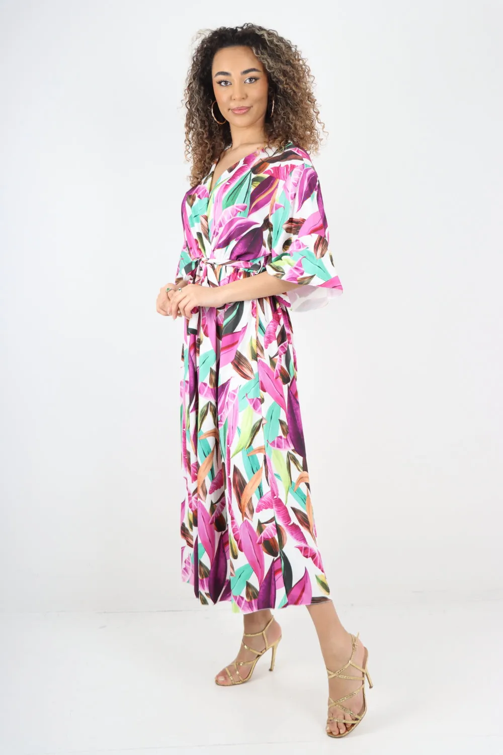 Italian Printed Elasticated Waist Tie Multi Leaf Wrap over V Neck Maxi Dress