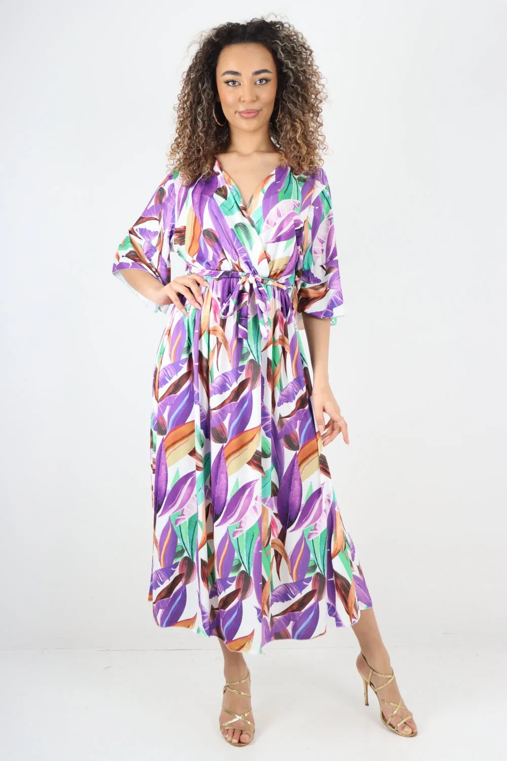 Italian Printed Elasticated Waist Tie Multi Leaf Wrap over V Neck Maxi Dress