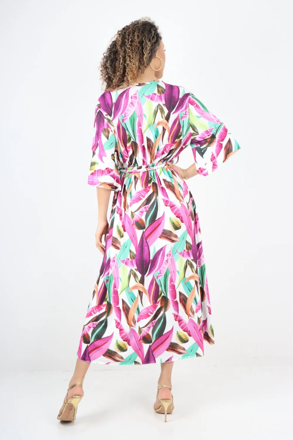 Italian Printed Elasticated Waist Tie Multi Leaf Wrap over V Neck Maxi Dress