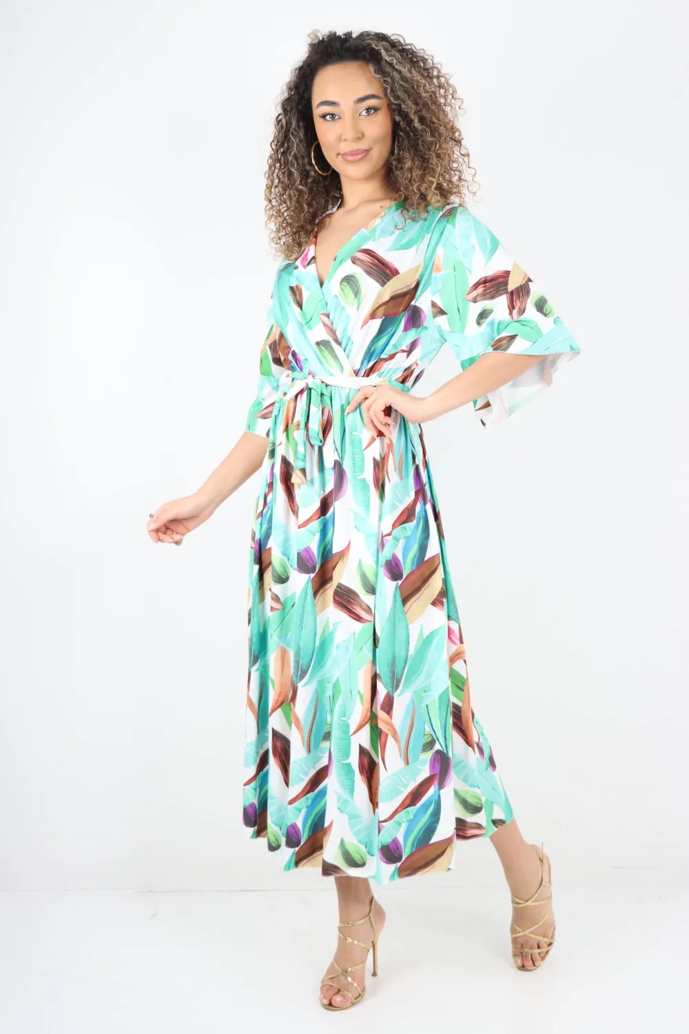 Italian Printed Elasticated Waist Tie Multi Leaf Wrap over V Neck Maxi Dress
