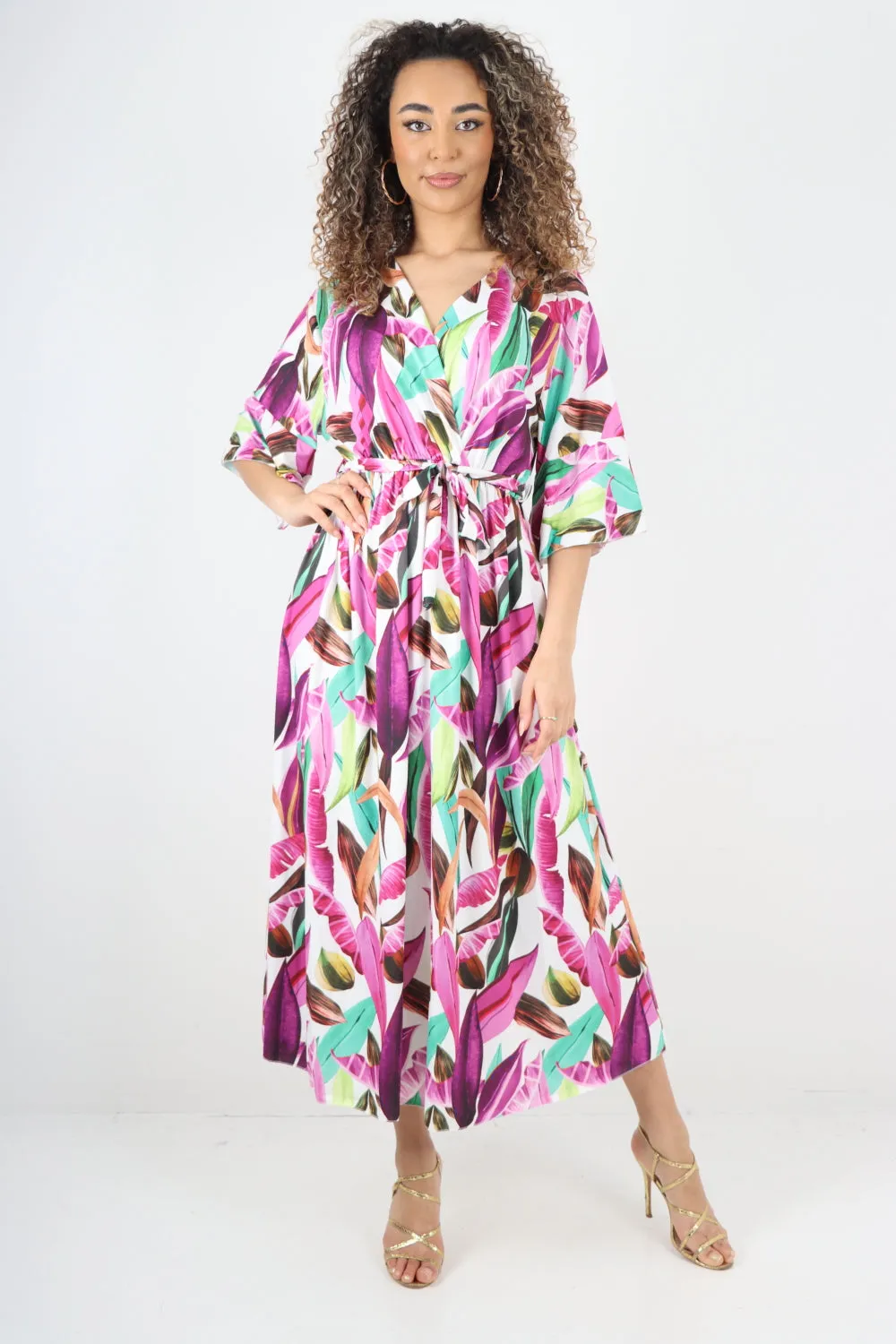 Italian Printed Elasticated Waist Tie Multi Leaf Wrap over V Neck Maxi Dress