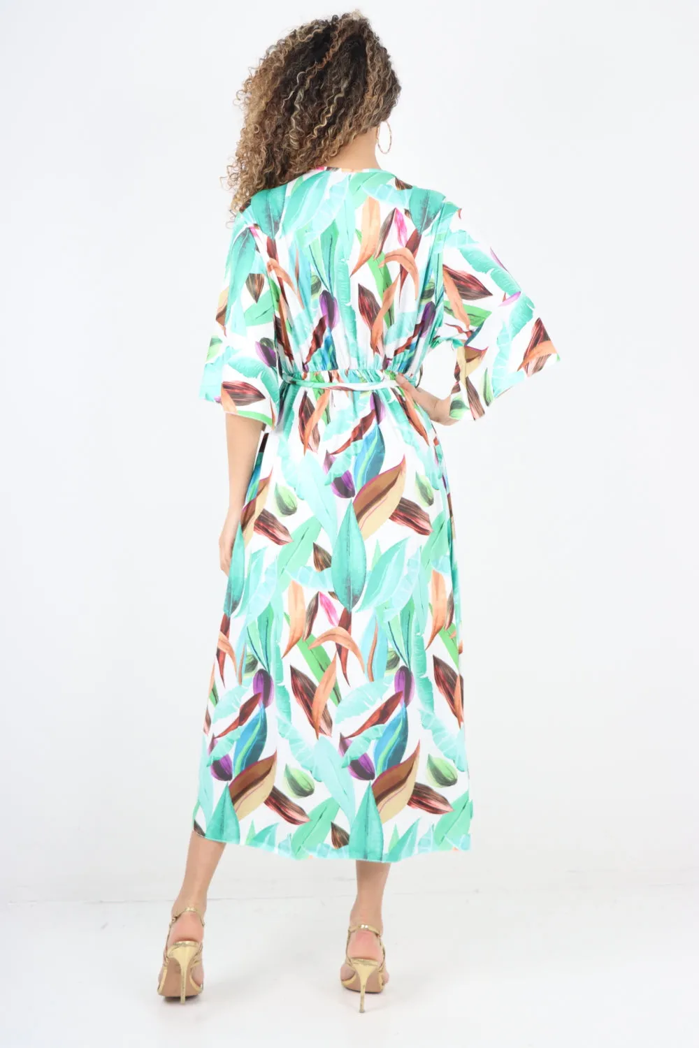 Italian Printed Elasticated Waist Tie Multi Leaf Wrap over V Neck Maxi Dress