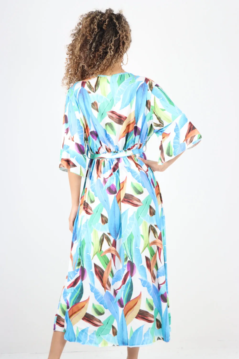 Italian Printed Elasticated Waist Tie Multi Leaf Wrap over V Neck Maxi Dress