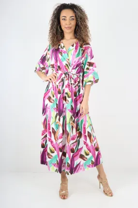 Italian Printed Elasticated Waist Tie Multi Leaf Wrap over V Neck Maxi Dress