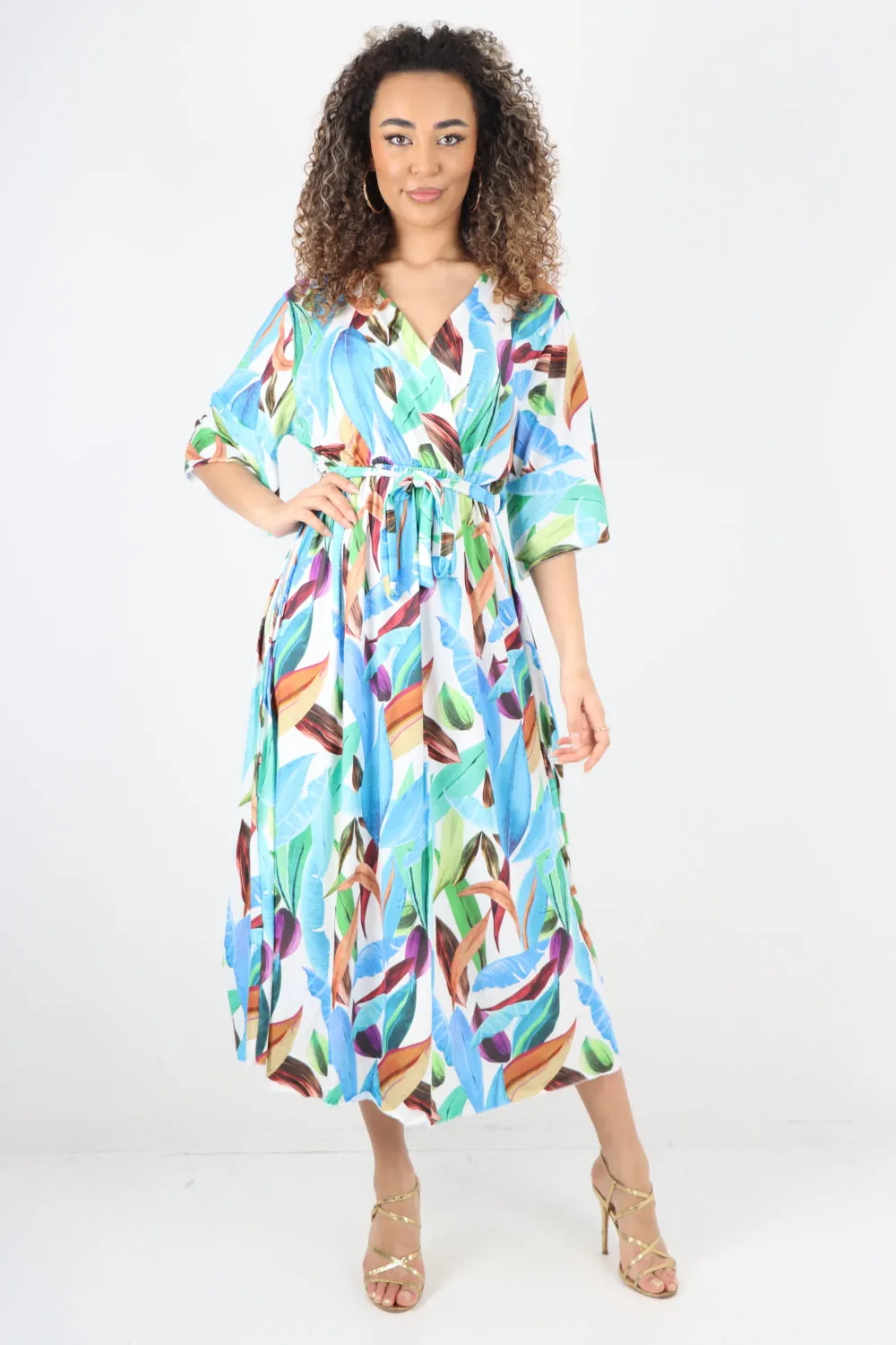 Italian Printed Elasticated Waist Tie Multi Leaf Wrap over V Neck Maxi Dress