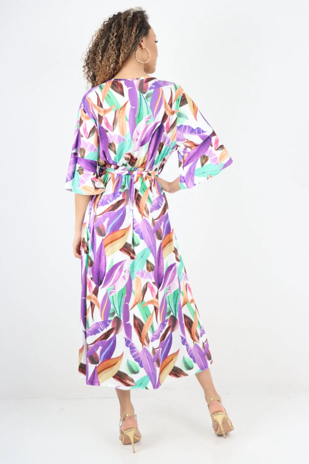 Italian Printed Elasticated Waist Tie Multi Leaf Wrap over V Neck Maxi Dress