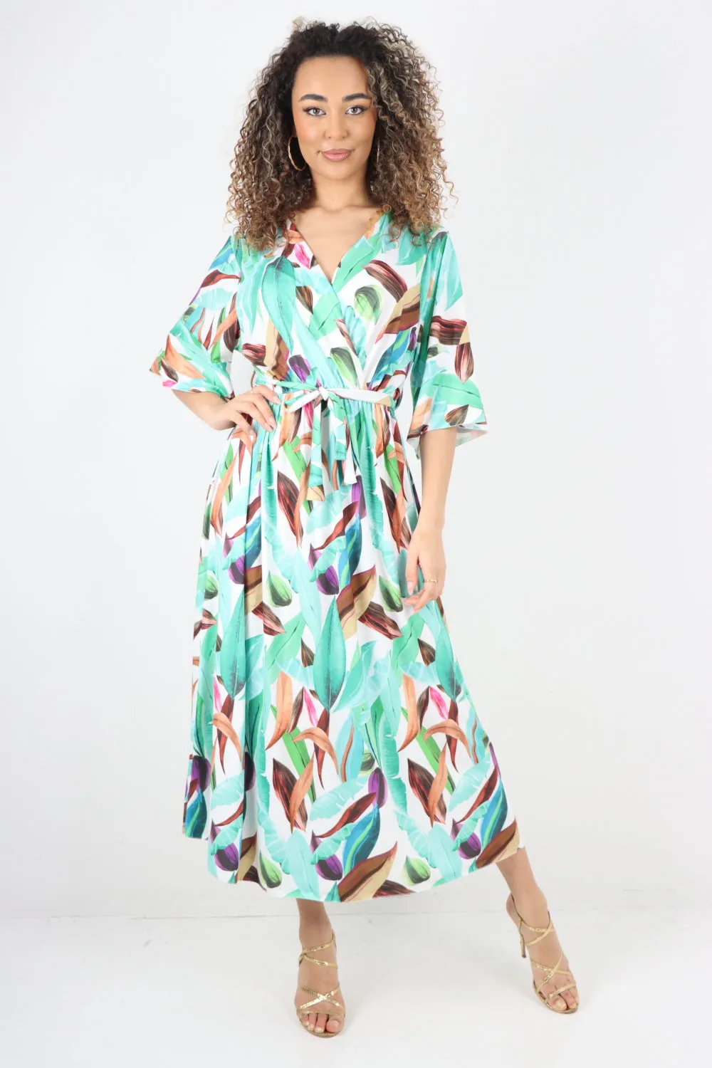 Italian Printed Elasticated Waist Tie Multi Leaf Wrap over V Neck Maxi Dress