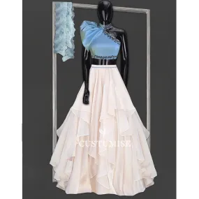 Ivory and Blue Ruffled Skirt Set