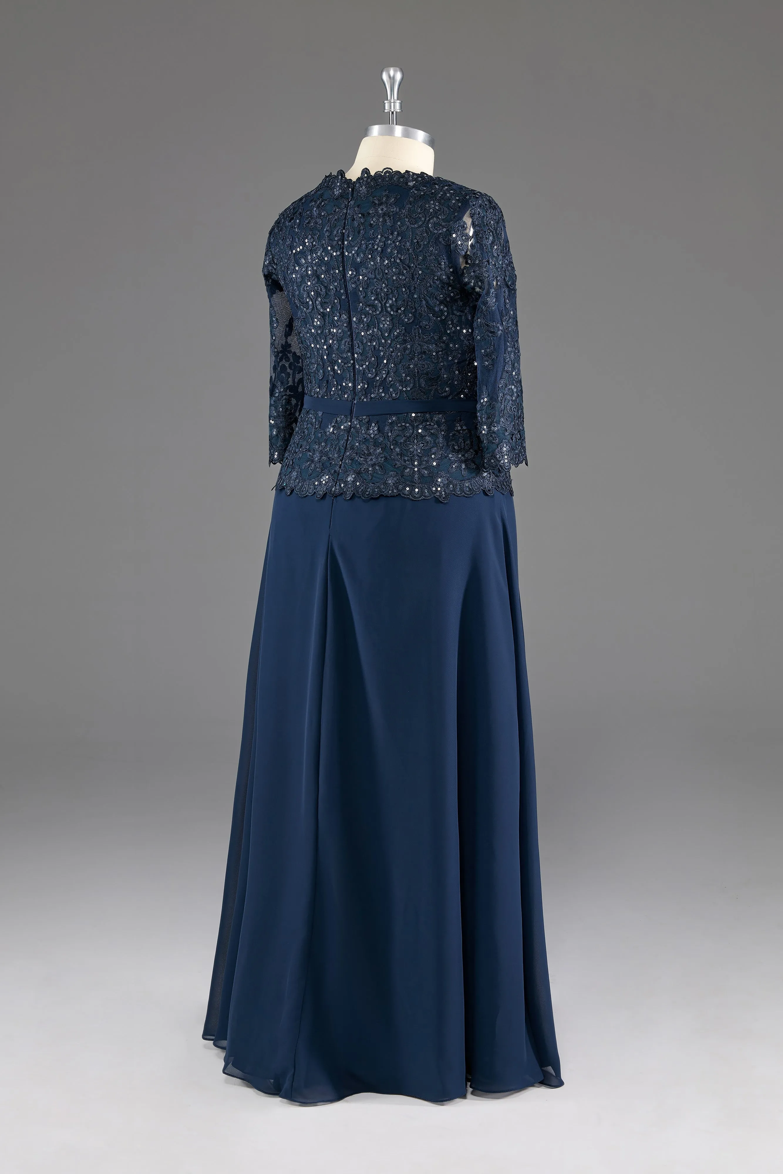 kamahe Navy V-Neck Long Sleeves Lace Appliques Chiffon Prom Dress