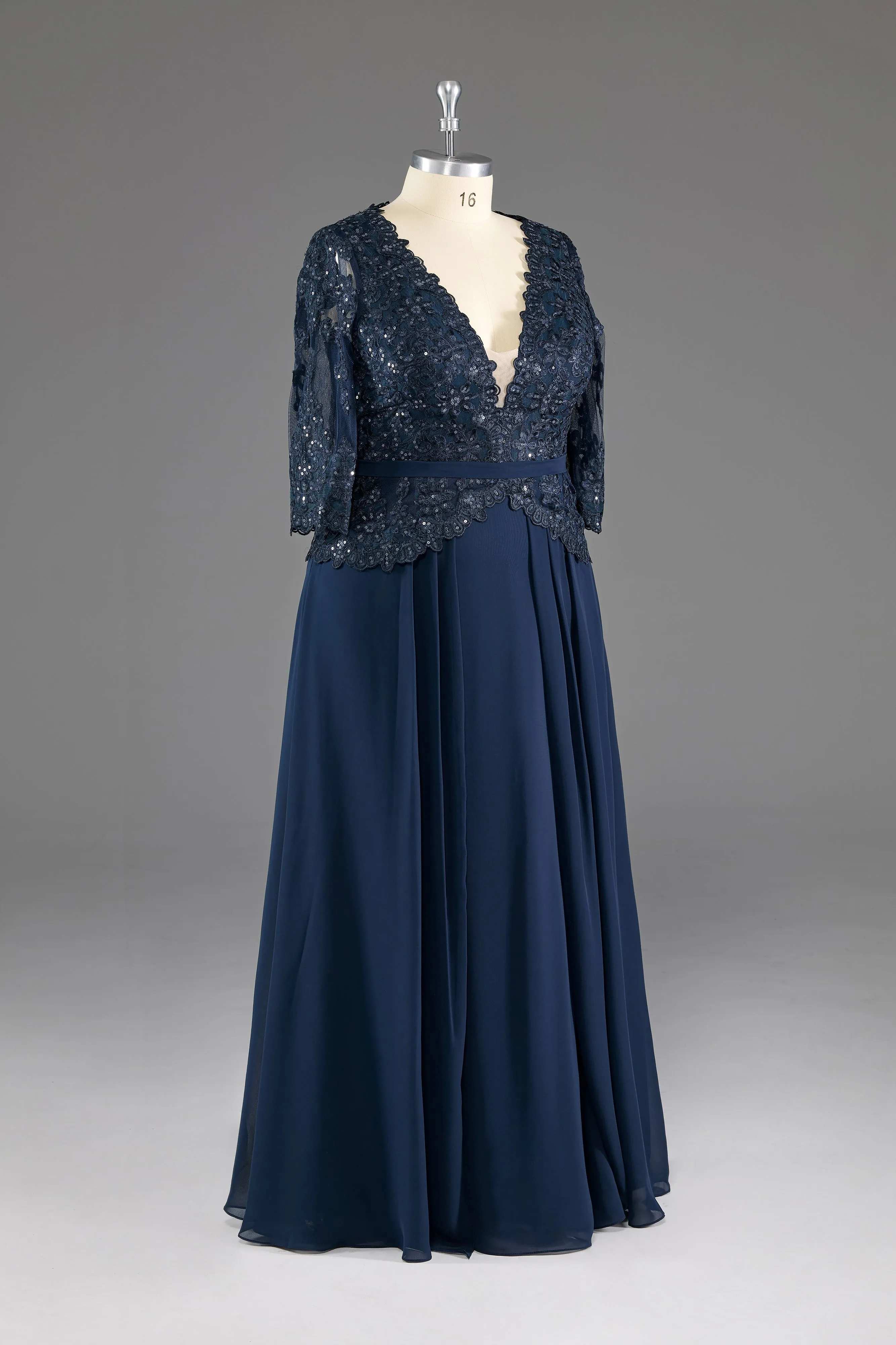 kamahe Navy V-Neck Long Sleeves Lace Appliques Chiffon Prom Dress