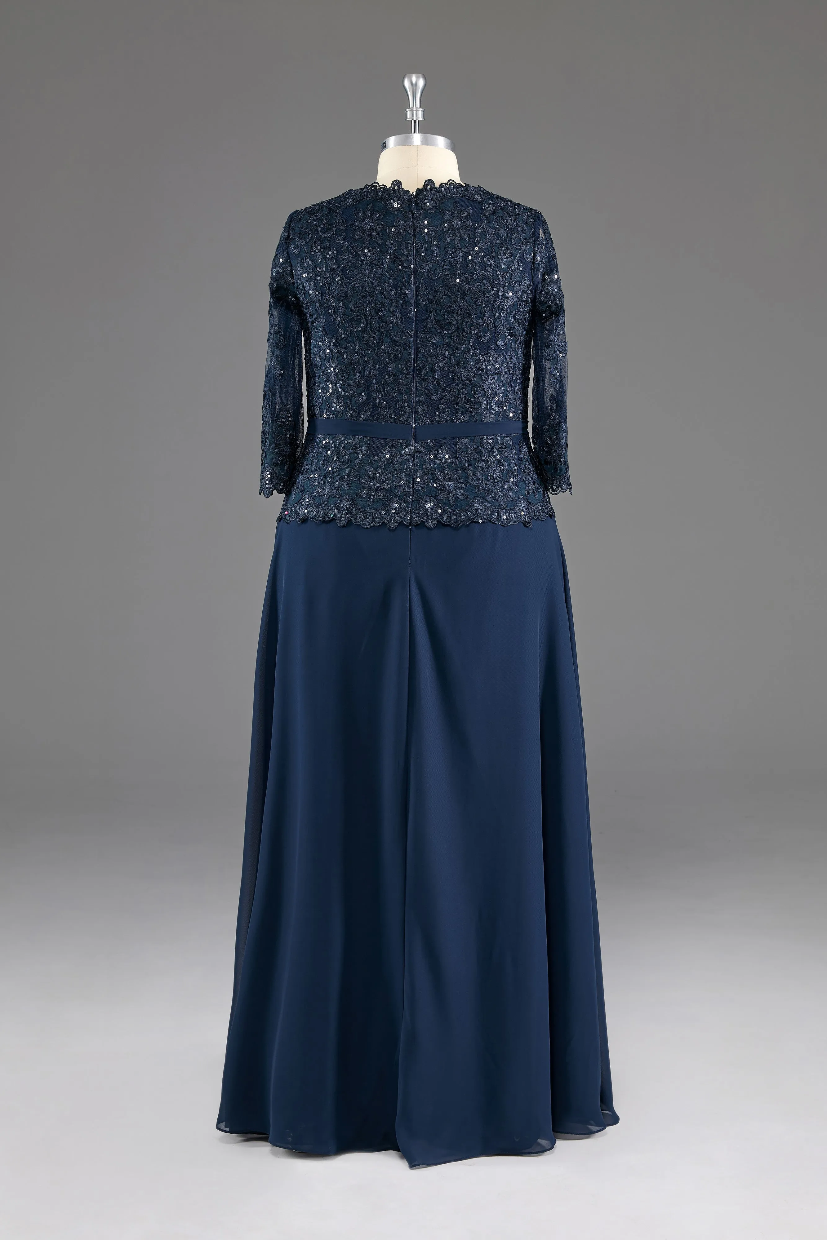 kamahe Navy V-Neck Long Sleeves Lace Appliques Chiffon Prom Dress