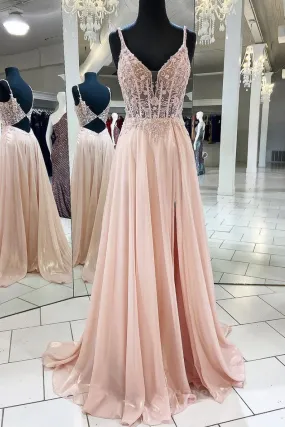 kamahe Pink v neck lace chiffon long prom dress, pink formal dress