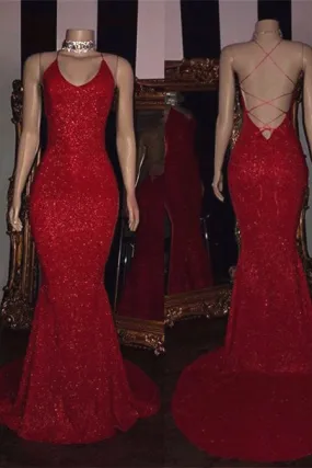 kamahe Sexy Spaghetti Straps Red Mermaid Prom Dress Sequins Chiffon Long