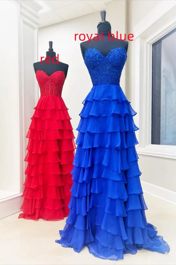 kamahe Sweetheart Red Corset Chiffon Ruffle Long Prom Dress