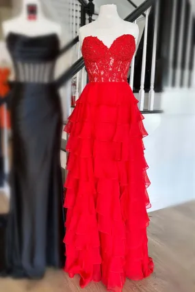 kamahe Sweetheart Red Corset Chiffon Ruffle Long Prom Dress