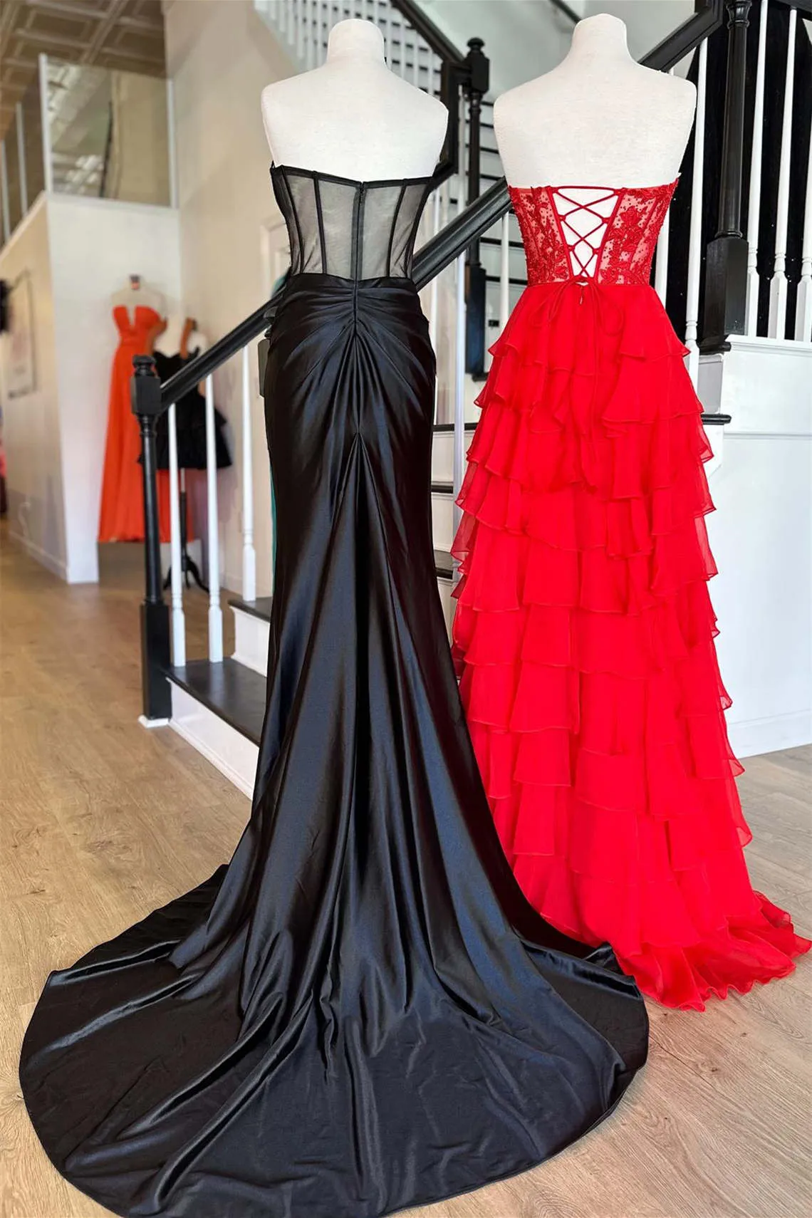 kamahe Sweetheart Red Corset Chiffon Ruffle Long Prom Dress