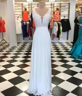 kamahe White A-line chiffon lace long prom dress, white bridesmaid dress