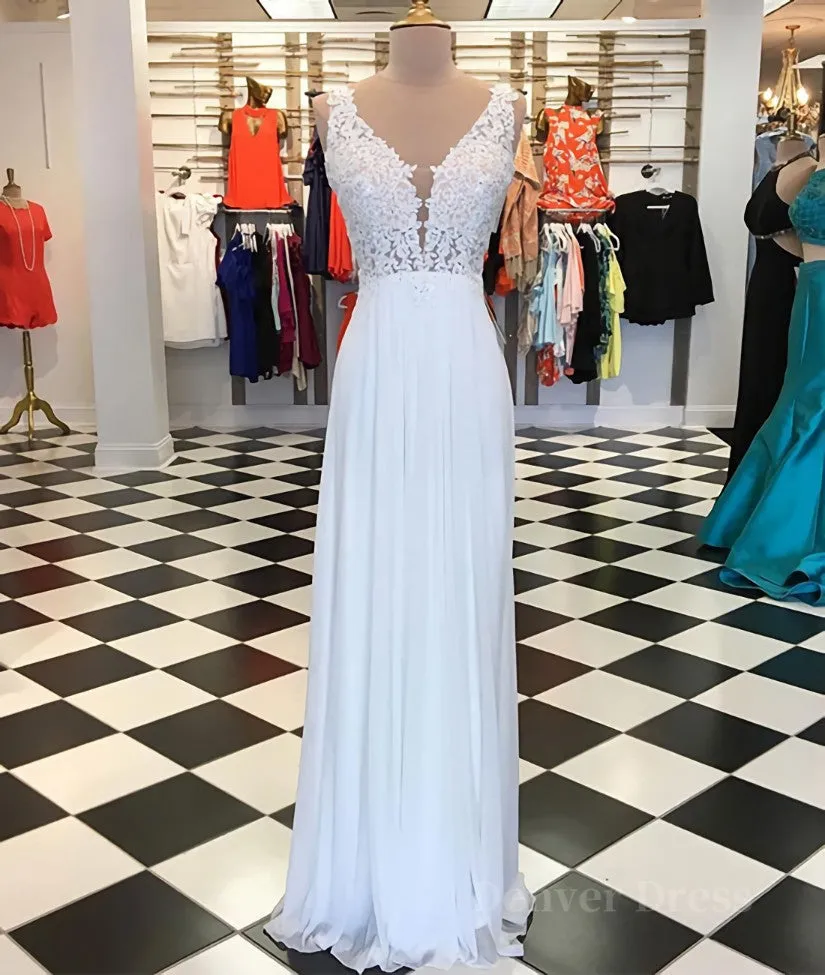 kamahe White A-line chiffon lace long prom dress, white bridesmaid dress
