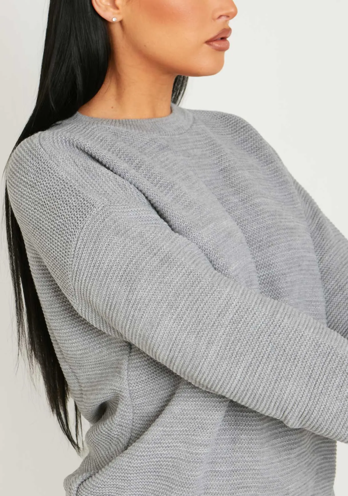 Kara Grey Ribbed Loose Fit Knitted Crew Neck Jumper
