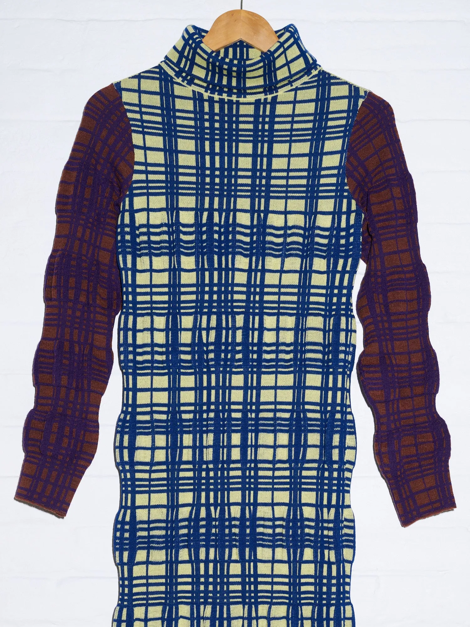 Kiko Kostadinov Woman AW2020 green blue tartan wool 3D knit column dress - sz 36