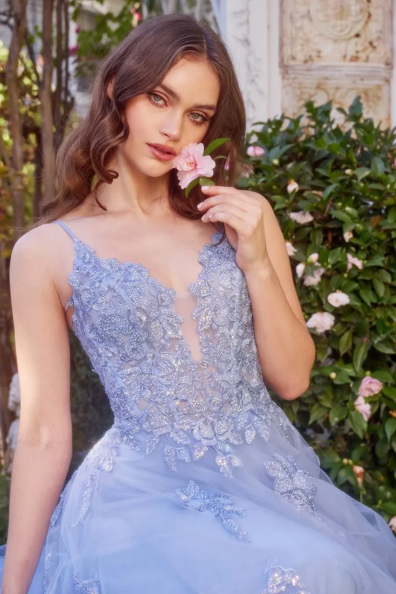 LACE APPLIQUED A-LINE LAYERED TULLE GOWN CDA1417