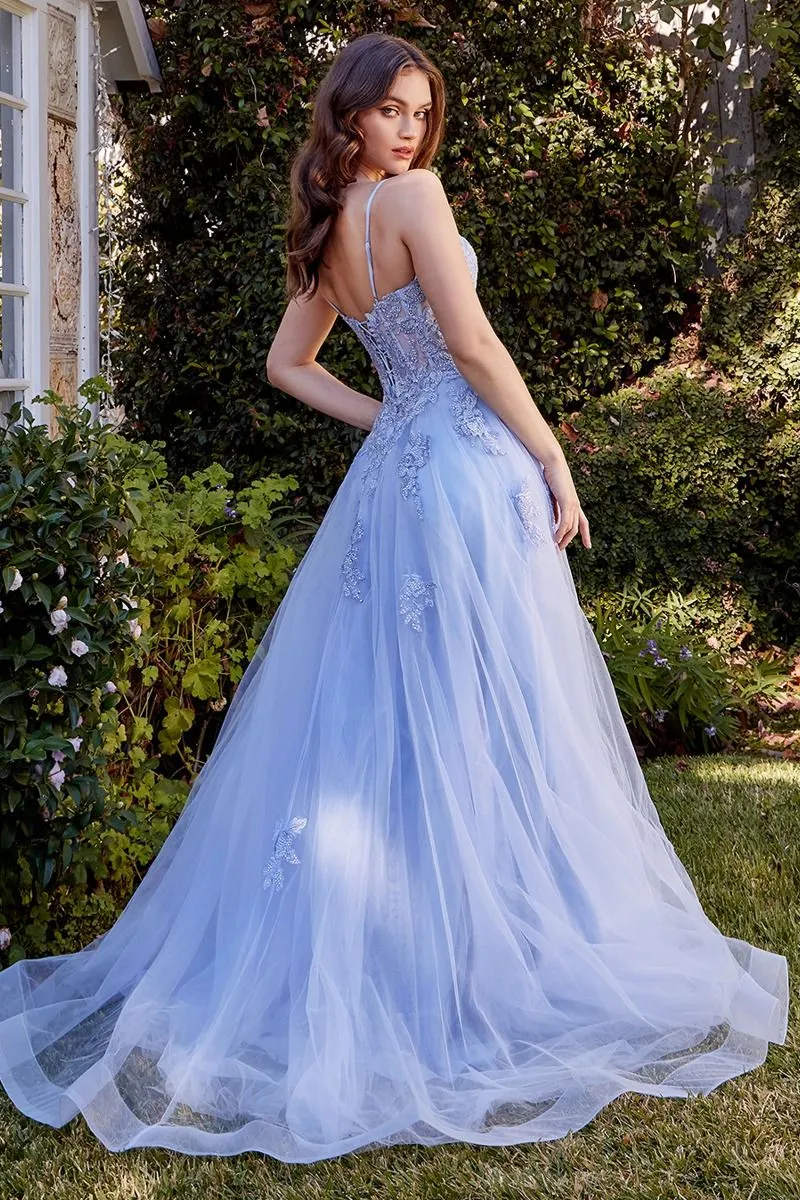 LACE APPLIQUED A-LINE LAYERED TULLE GOWN CDA1417