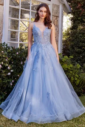 LACE APPLIQUED A-LINE LAYERED TULLE GOWN CDA1417