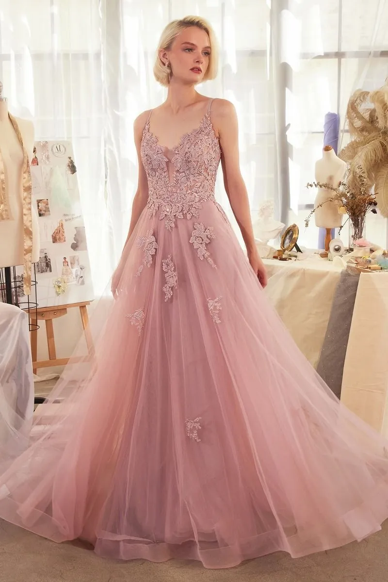 LACE APPLIQUED A-LINE LAYERED TULLE GOWN CDA1417