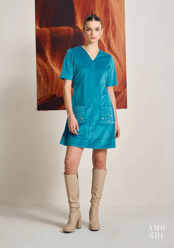 Ladies Suede Teal Evening Work Dress