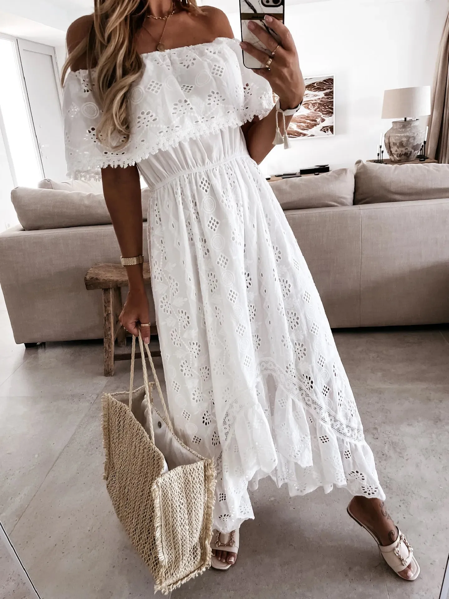LANFUBEISI New Cotton Solid Puff Short Sleeve Women Summer Dress Hollow Out Elegant Beach Sundress Midi Sexy V-neck Mujer Vestido