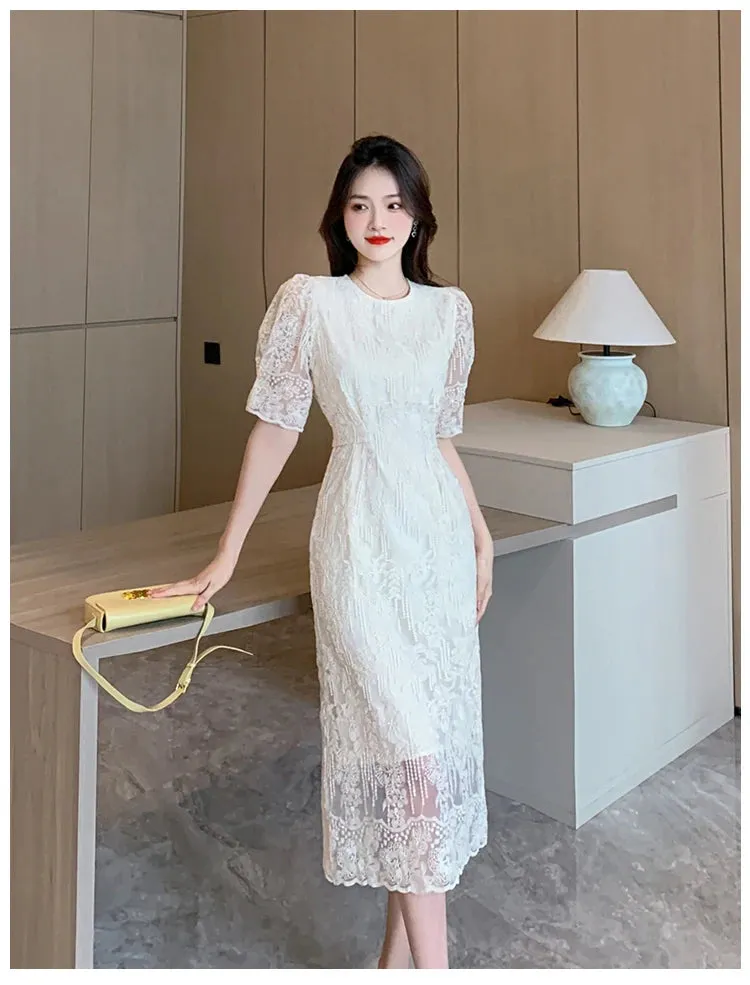 LANFUBEISI New Cotton Solid Puff Short Sleeve Women Summer Dress Hollow Out Elegant Beach Sundress Midi Sexy V-neck Mujer Vestido