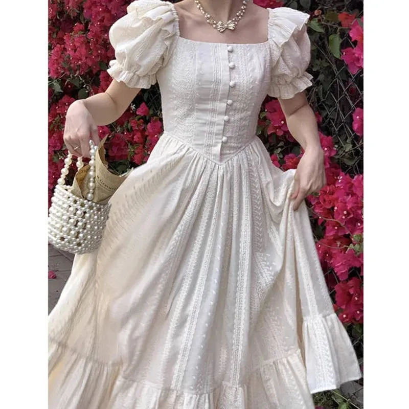 LANFUBEISI New Cotton Solid Puff Short Sleeve Women Summer Dress Hollow Out Elegant Beach Sundress Midi Sexy V-neck Mujer Vestido