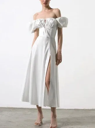 LANFUBEISI New Cotton Solid Puff Short Sleeve Women Summer Dress Hollow Out Elegant Beach Sundress Midi Sexy V-neck Mujer Vestido