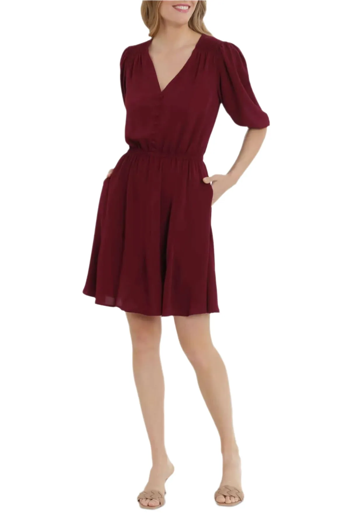 London Times V-Neck Faux Button Front 3/4 Sleeve Elastic Cuff’s Elastic Waist A-Line Dress