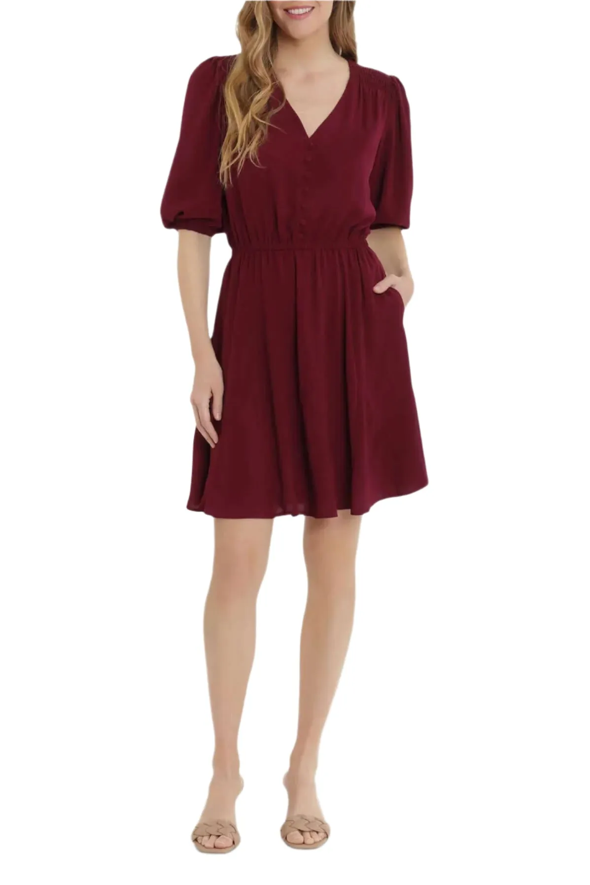 London Times V-Neck Faux Button Front 3/4 Sleeve Elastic Cuff’s Elastic Waist A-Line Dress