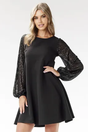 Long sequined sleeves elegant trapezoidal mini dress