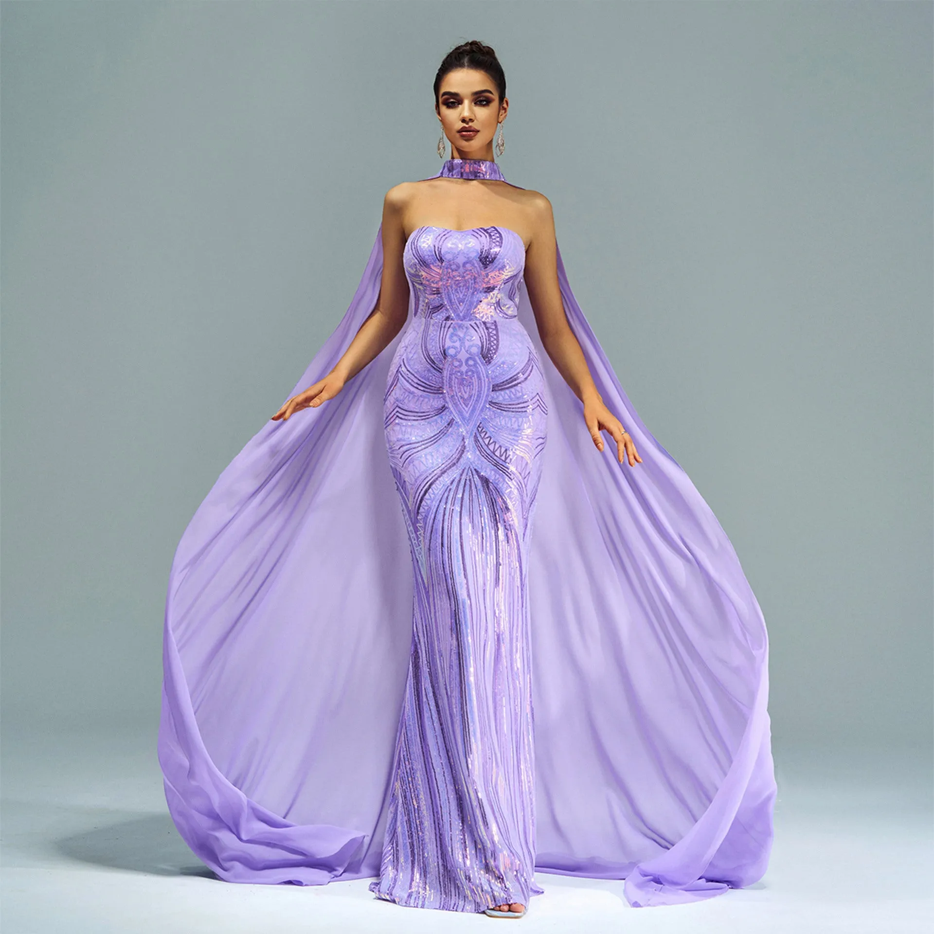 Long Sleeve Long Sequined Cape Fishtail Evening Dress