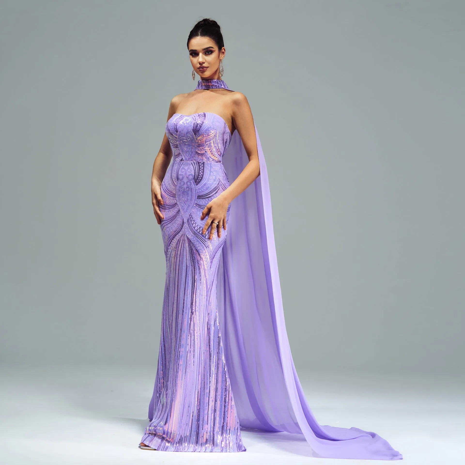 Long Sleeve Long Sequined Cape Fishtail Evening Dress