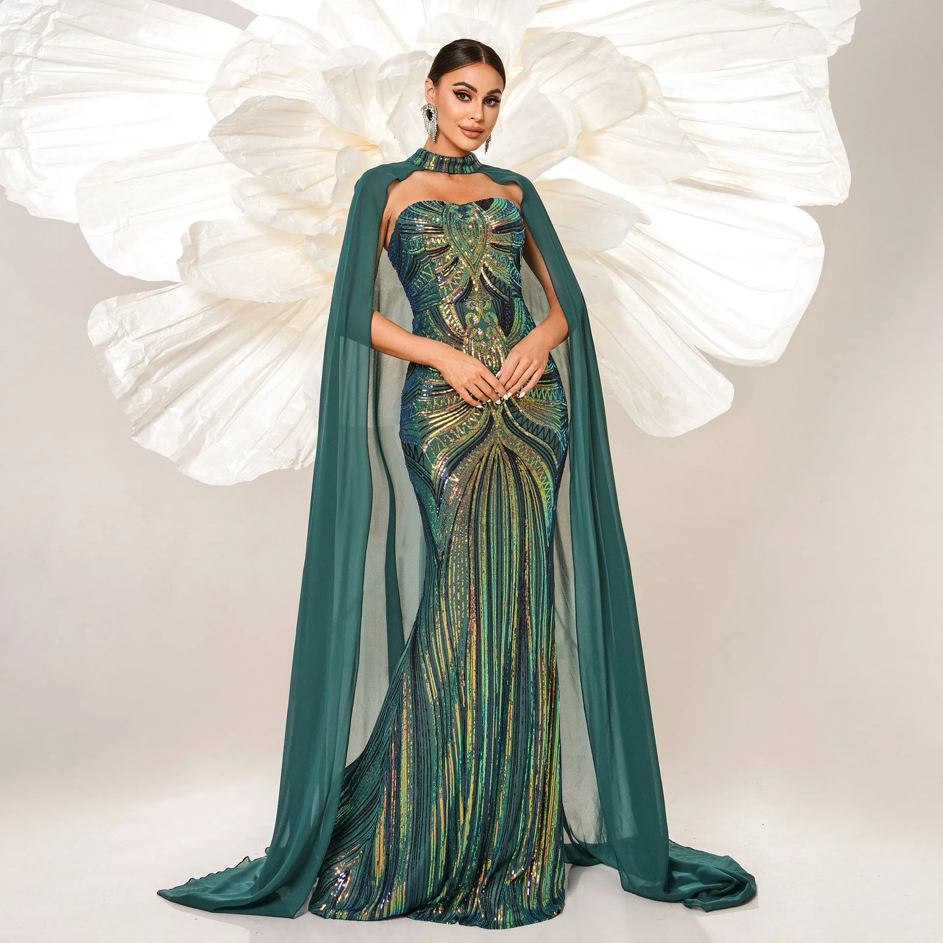 Long Sleeve Long Sequined Cape Fishtail Evening Dress