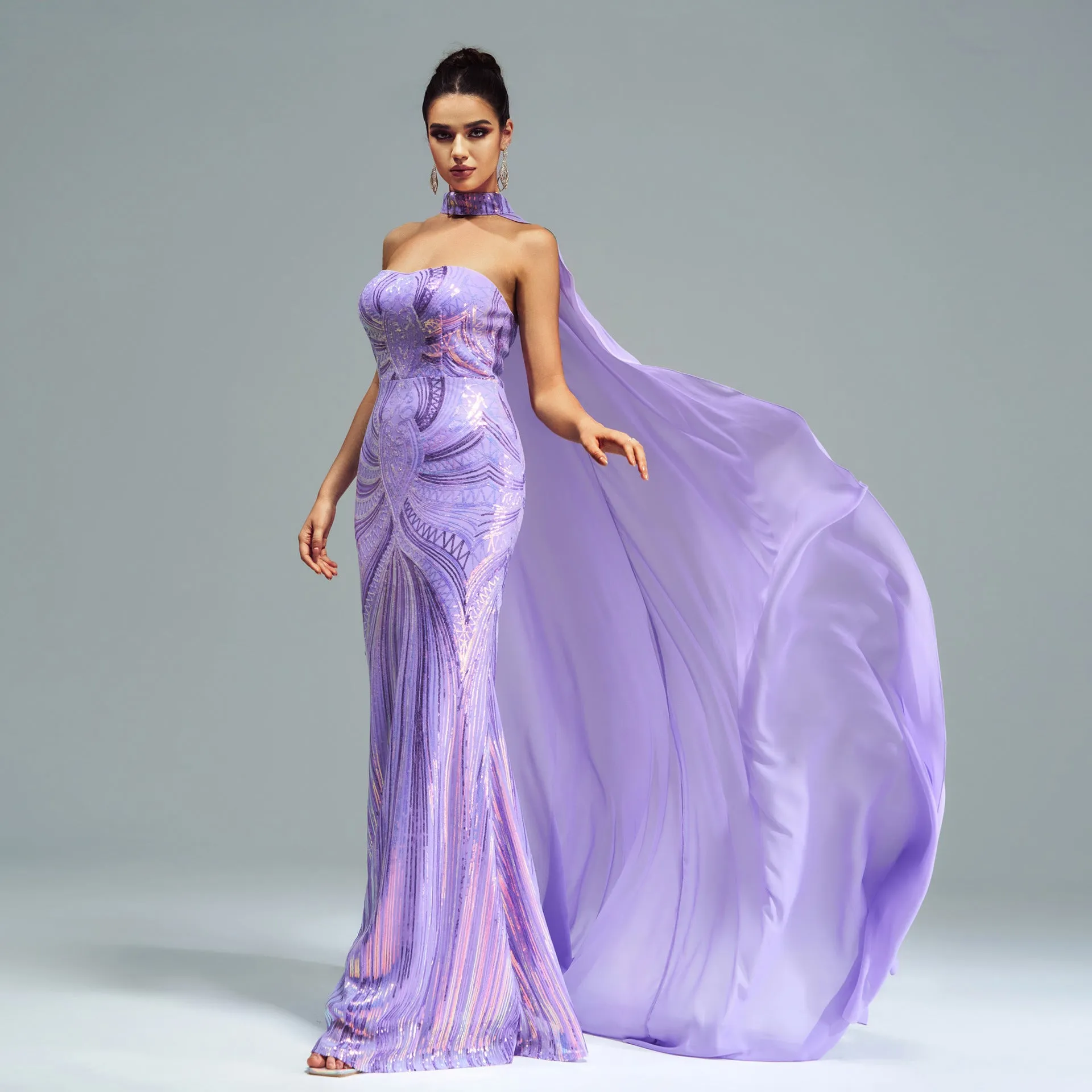 Long Sleeve Long Sequined Cape Fishtail Evening Dress