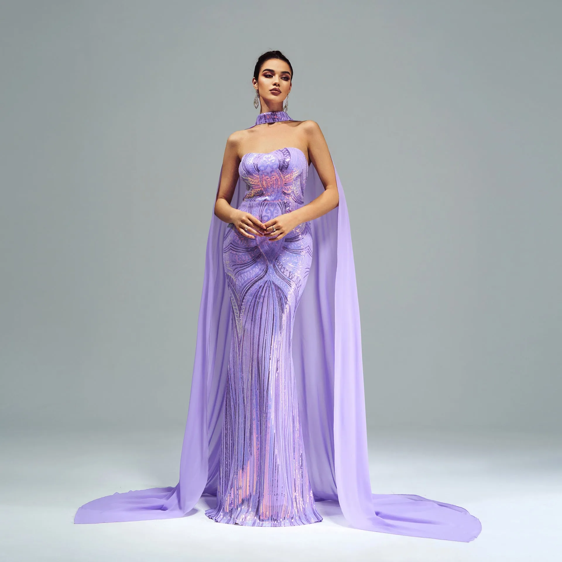 Long Sleeve Long Sequined Cape Fishtail Evening Dress