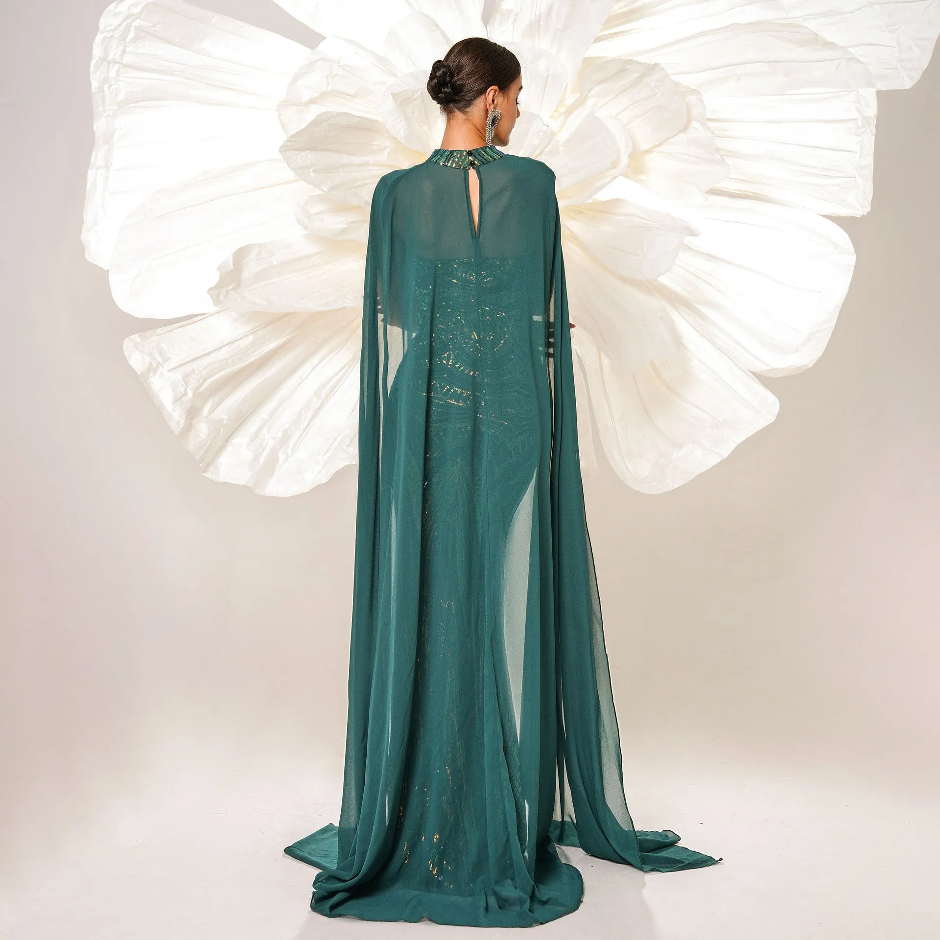 Long Sleeve Long Sequined Cape Fishtail Evening Dress