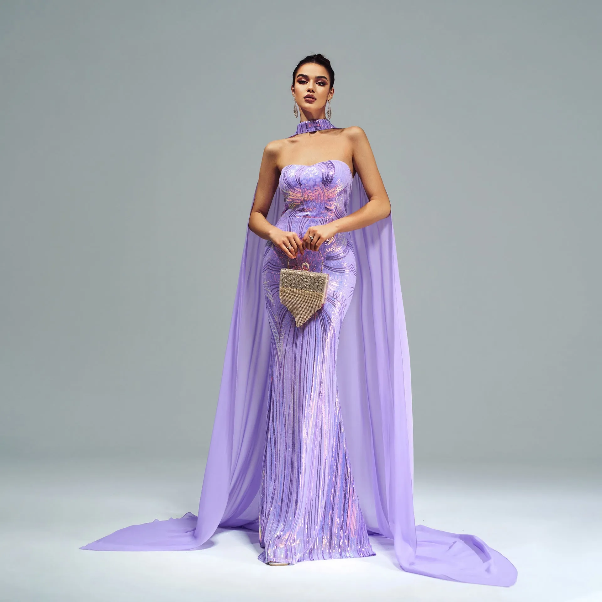 Long Sleeve Long Sequined Cape Fishtail Evening Dress