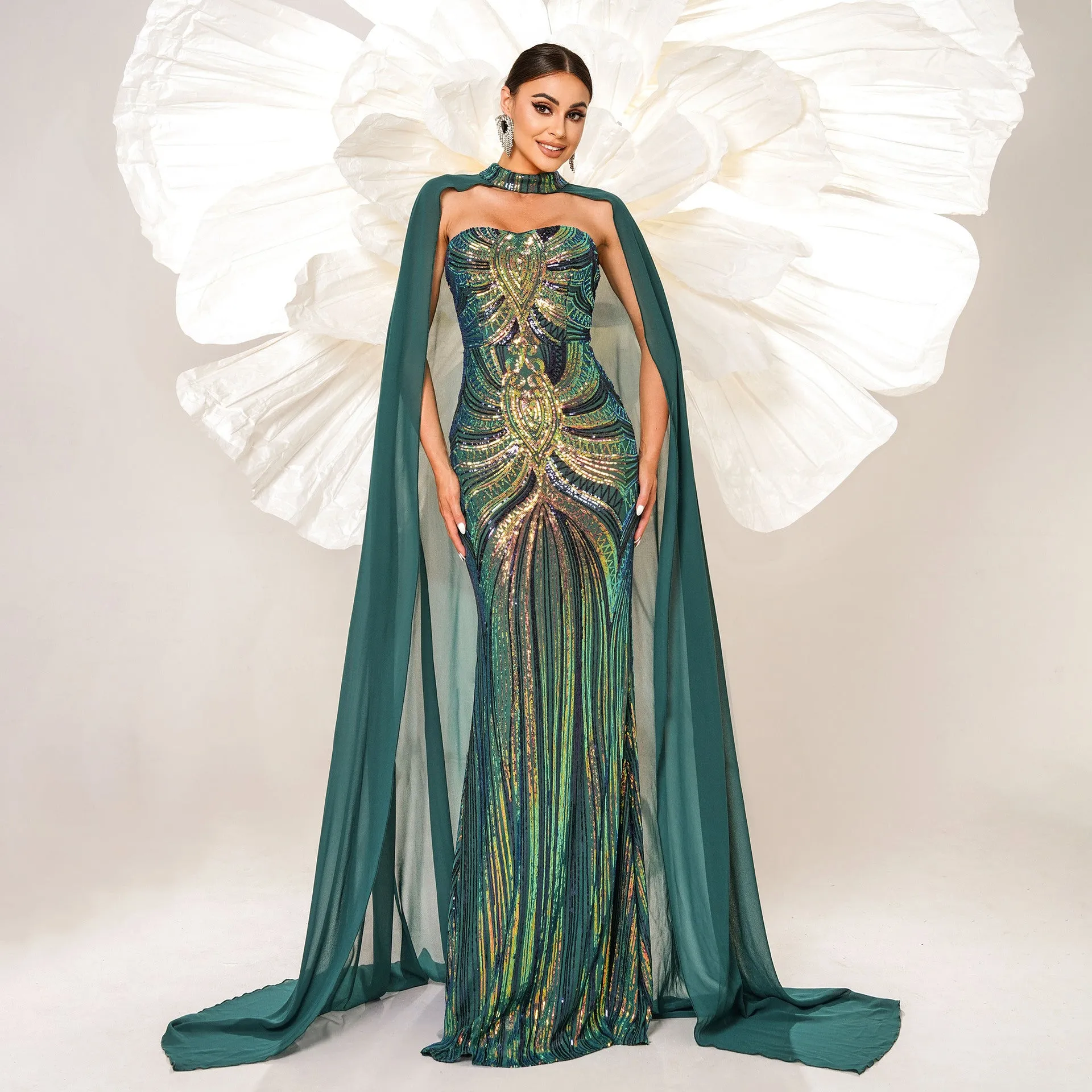 Long Sleeve Long Sequined Cape Fishtail Evening Dress