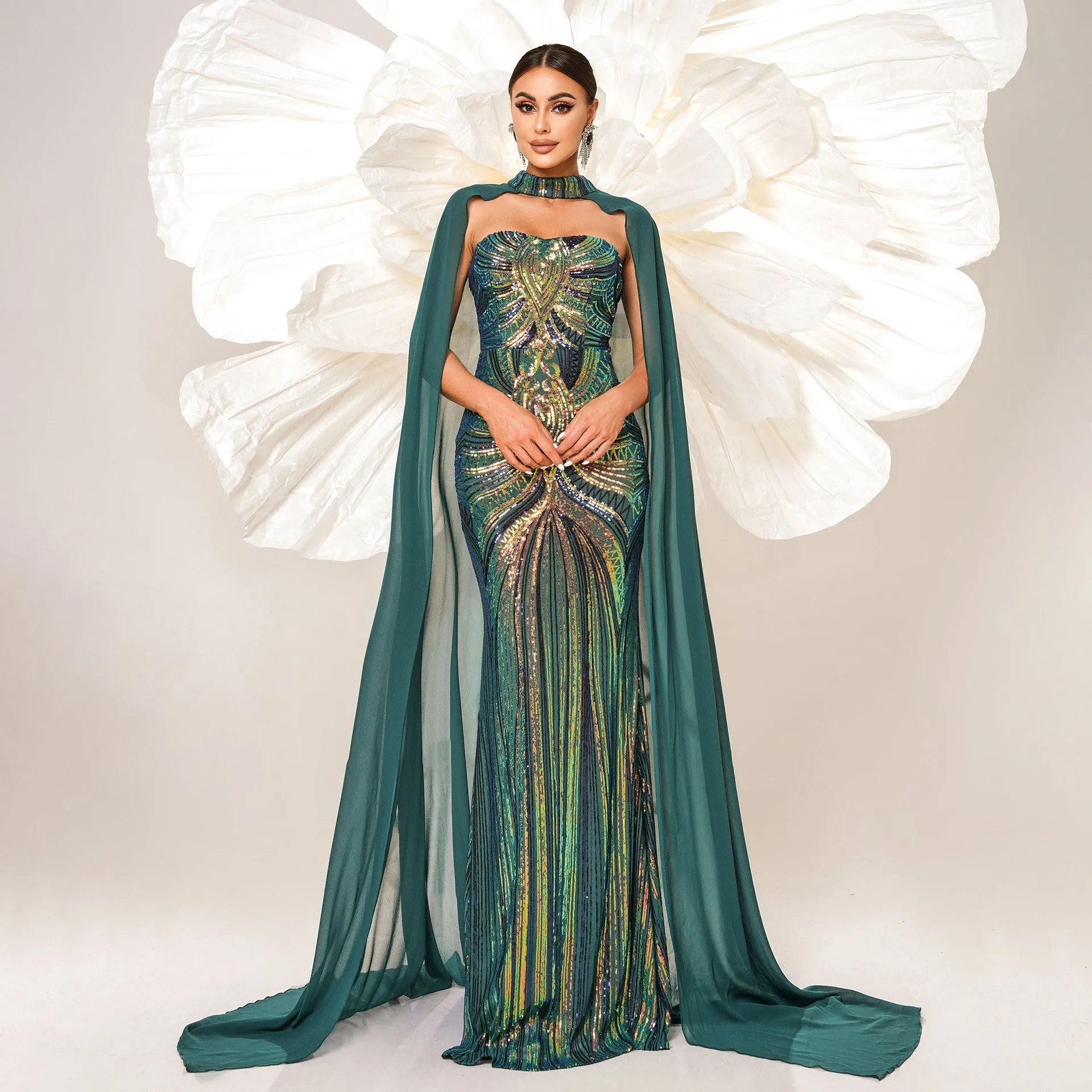 Long Sleeve Long Sequined Cape Fishtail Evening Dress