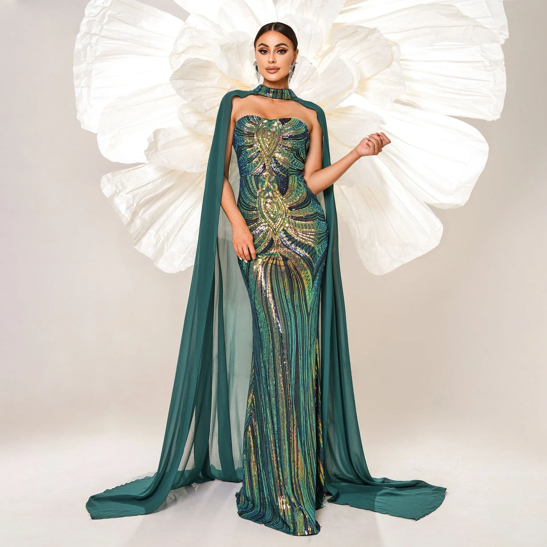 Long Sleeve Long Sequined Cape Fishtail Evening Dress