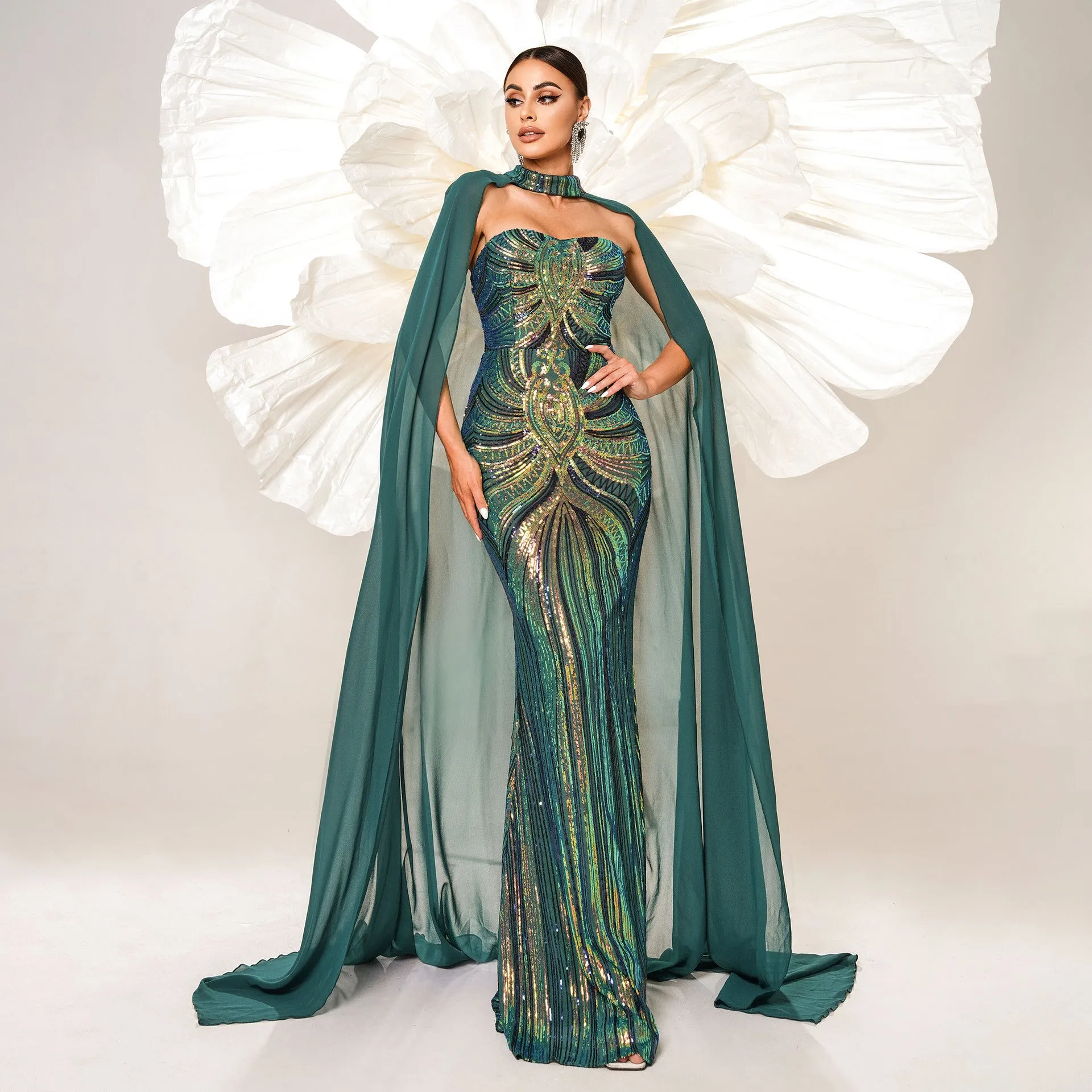Long Sleeve Long Sequined Cape Fishtail Evening Dress