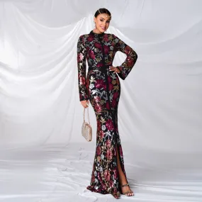 Long Sleeved Sequined Fishtail Evening Dress