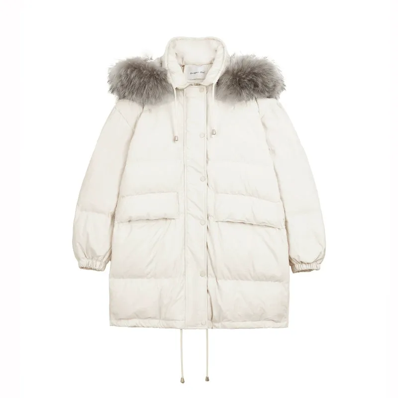 Loose Fur Collar Midi Down Jacket